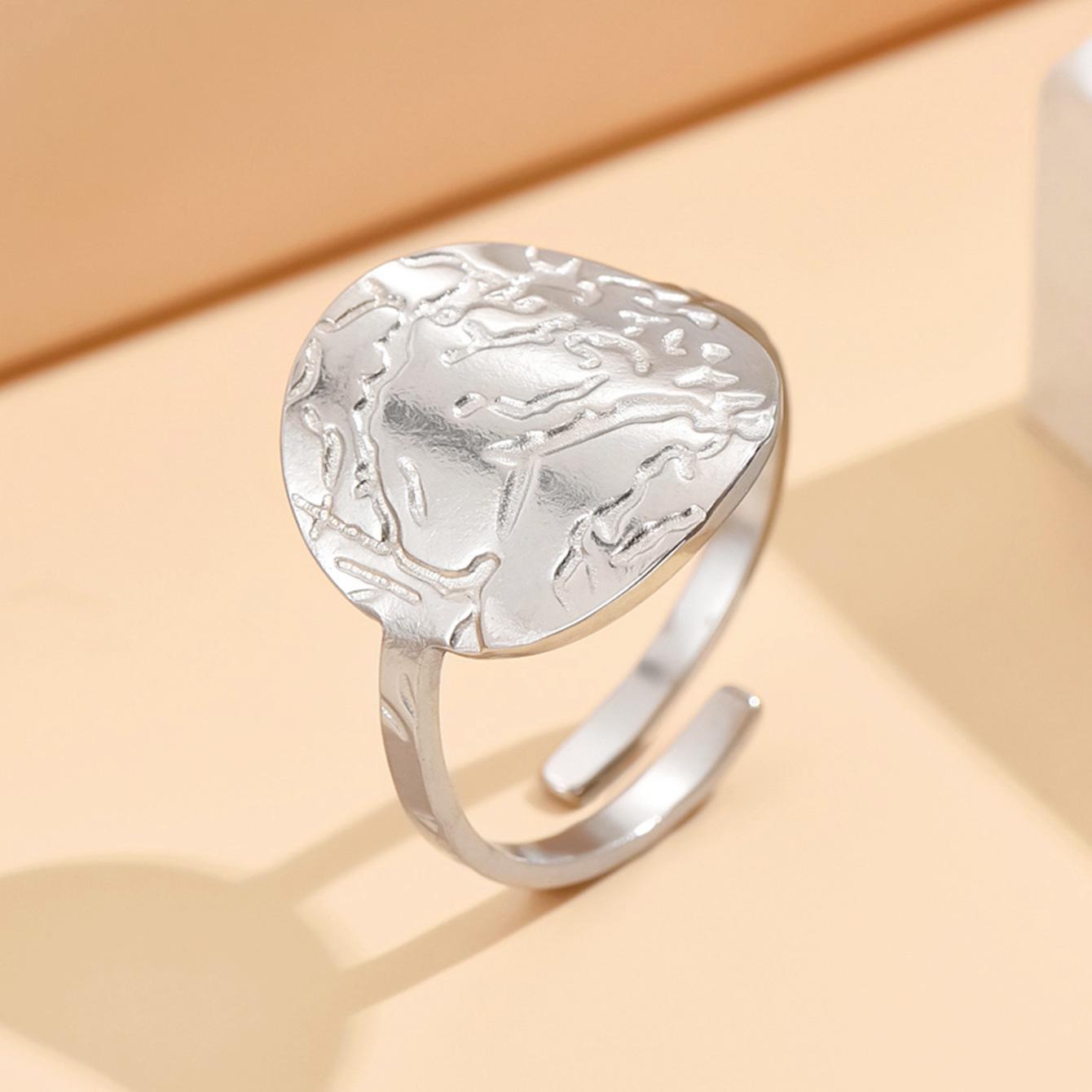 Retro Irregular Lava Texture Adjustable Geometric Round Stainless Steel Open Ring