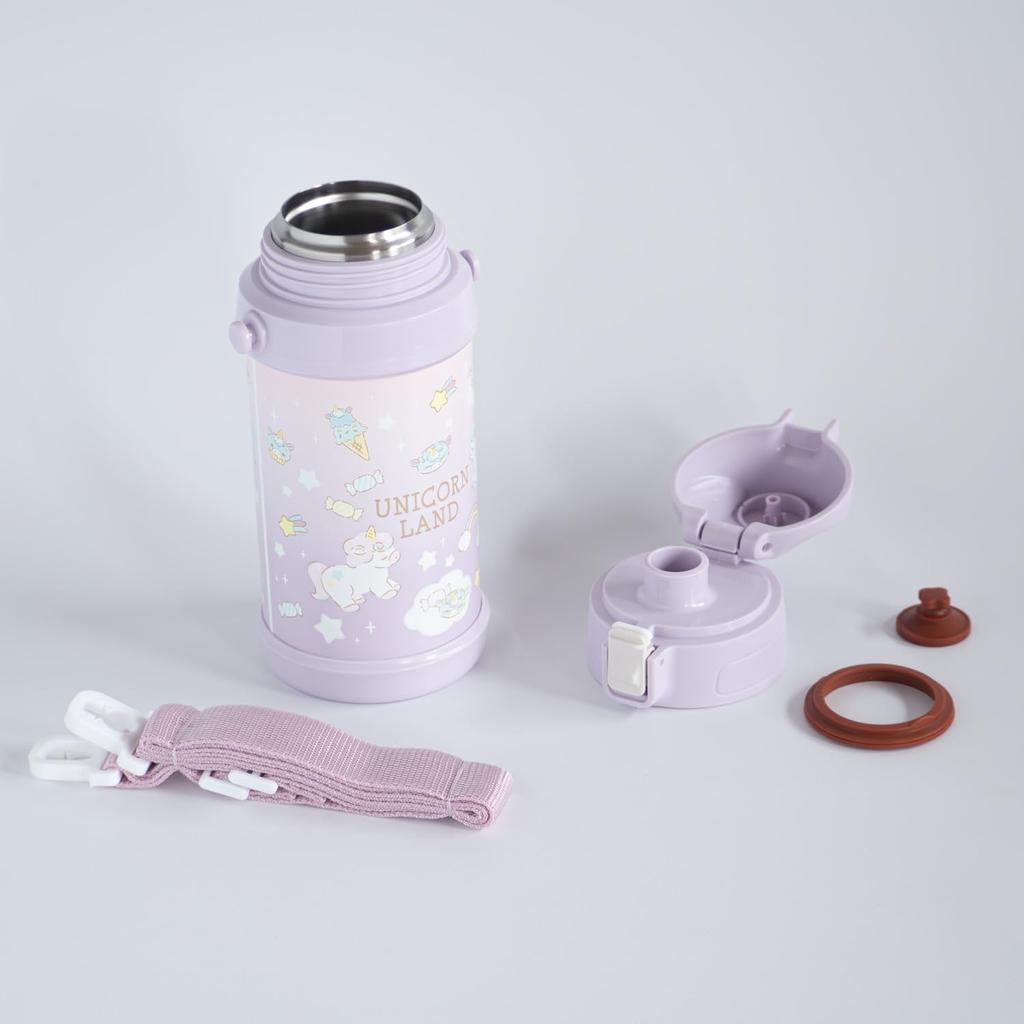 OSK Dětská láhev na vodu 600ml Jednorožec fialová s ramenním popruhem, láhev na pití SBR-600D