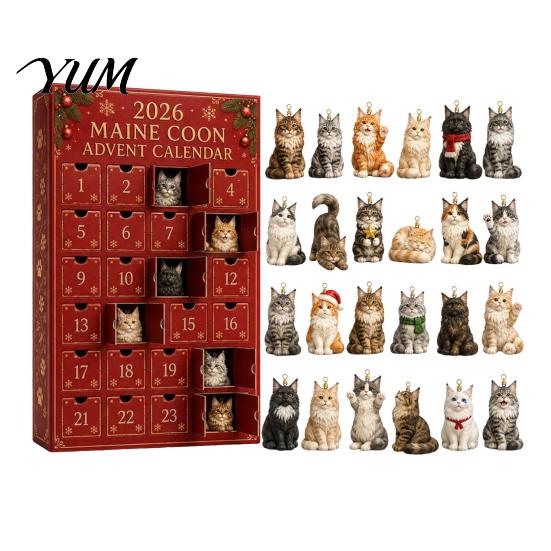 Advent Calendar for Girls Christmas Cat Calendar, 24 Day Countdown with Cute Ornaments, Gifts Children 2D Acrylic Kitty Holiday Decorations,