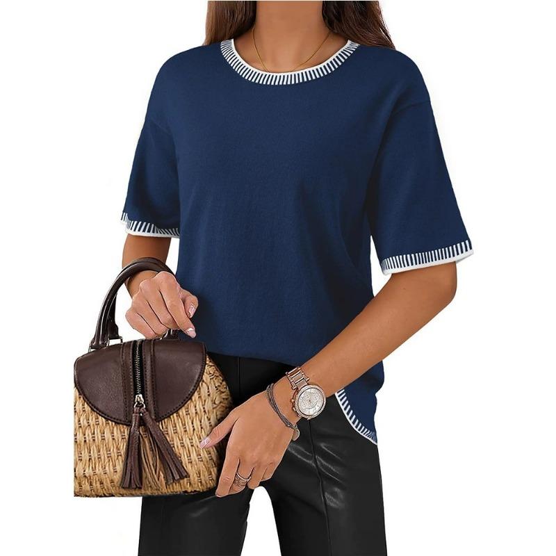 Color Contrast Ribbed Round Neck Short Sleeve Knit Pullover Sweater For Women