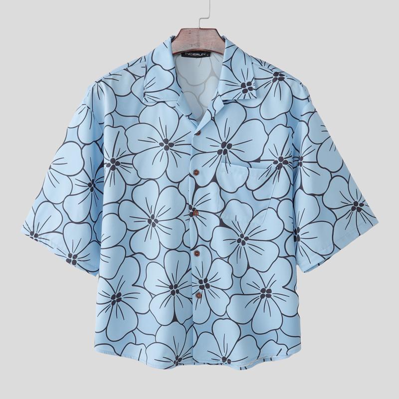 INCERUN Oversized Men Lapel Neck Half Sleeve Floral Print Casual Shirts