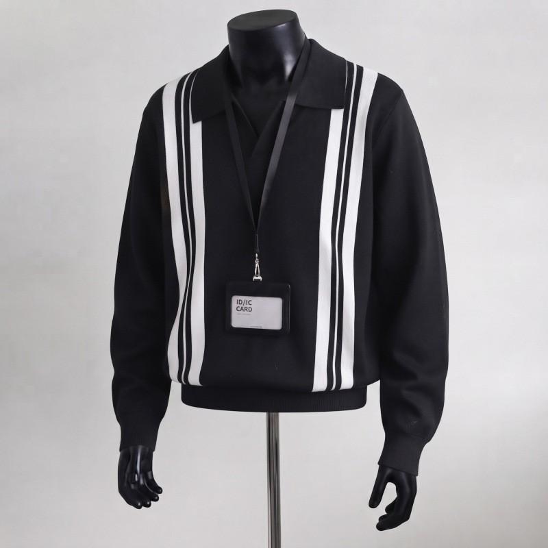 Mens Vintage Collar Striped Knit Sweater Casual Business Pullover Shirt