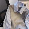 Women's Korean Style Gray Sweater Vest with Striped Faux Two-Piece Shirt