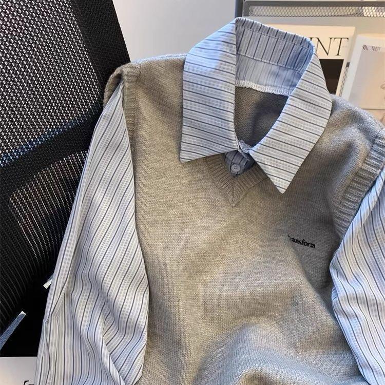 Women's Korean Style Gray Sweater Vest with Striped Faux Two-Piece Shirt