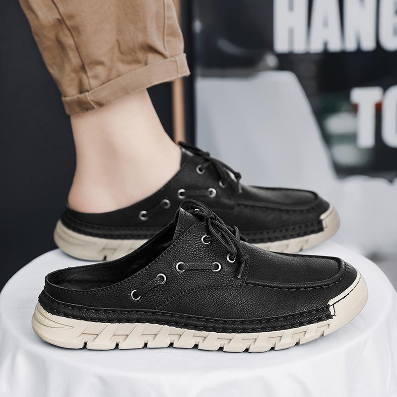 Men's Summer New Large Size Slip-On Driving Shoes Outdoor Genuine Leather Breathable Rubber Sole Square Toe Bean Bean Shoes