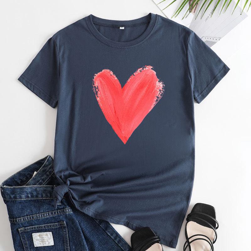 Summer women's plus size heart-shaped printed pure cotton loose round neck short sleeved T-shirts Women's