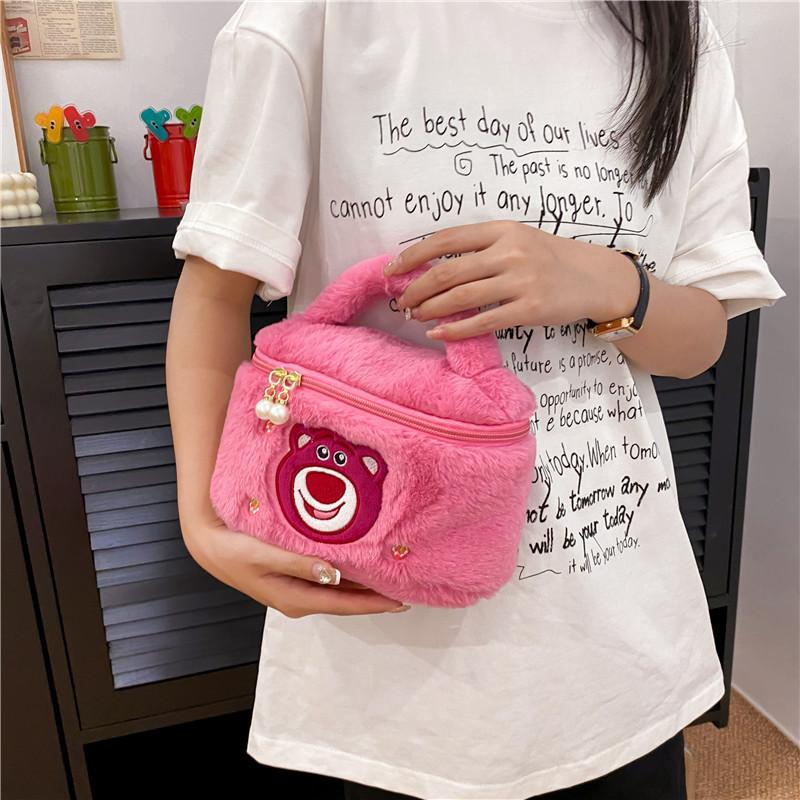 Adorable Plush Strawberry Bear Handbag For Women Spacious Makeup Organizer Bag