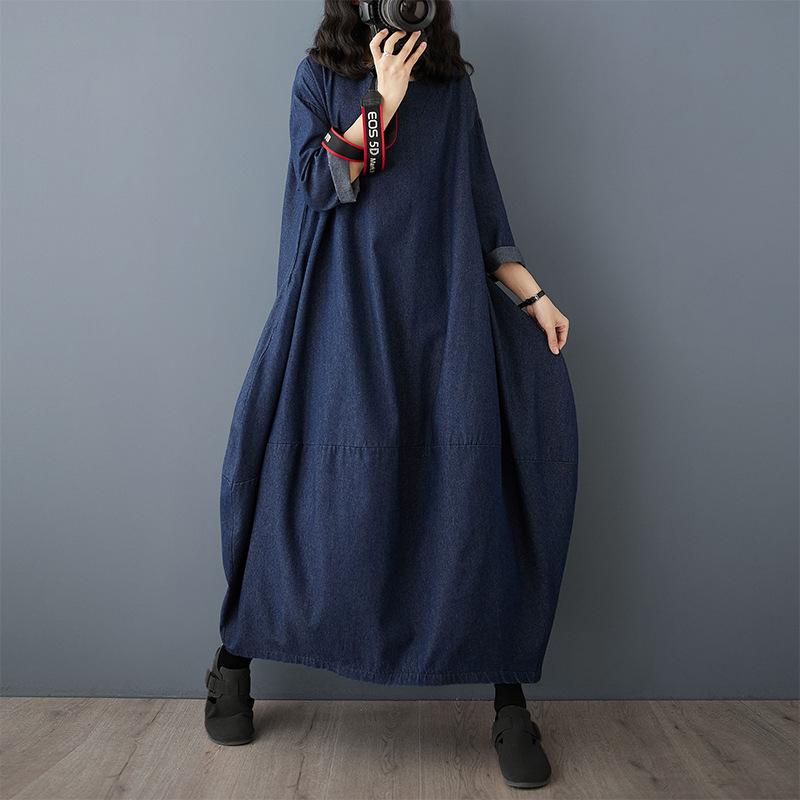Vintage Long Sleeved Denim Dress 2025 New Plus-size Loose Blue Long Dresses for Women Autumn O Neck Casual Dress
