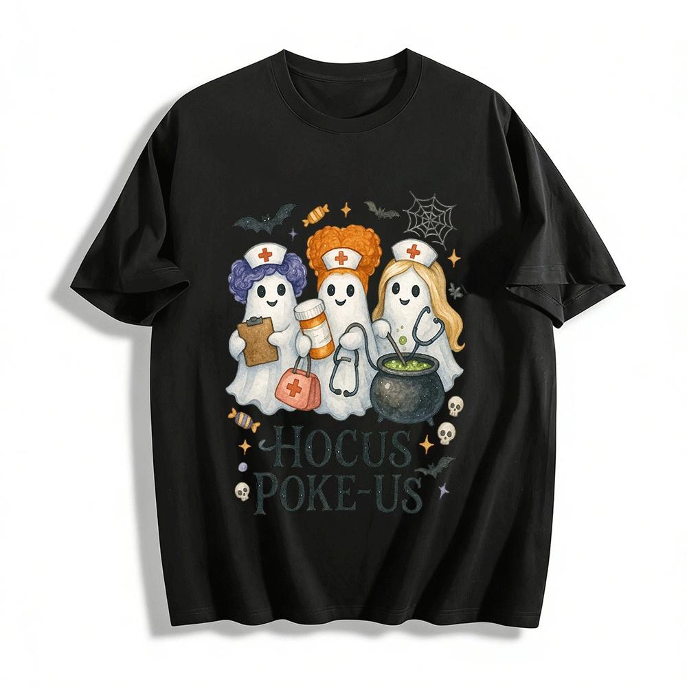 

Hocus Poke Us Halloween Nurse Ghost Graphic Tee Pure cotton T-shirt 6XL
