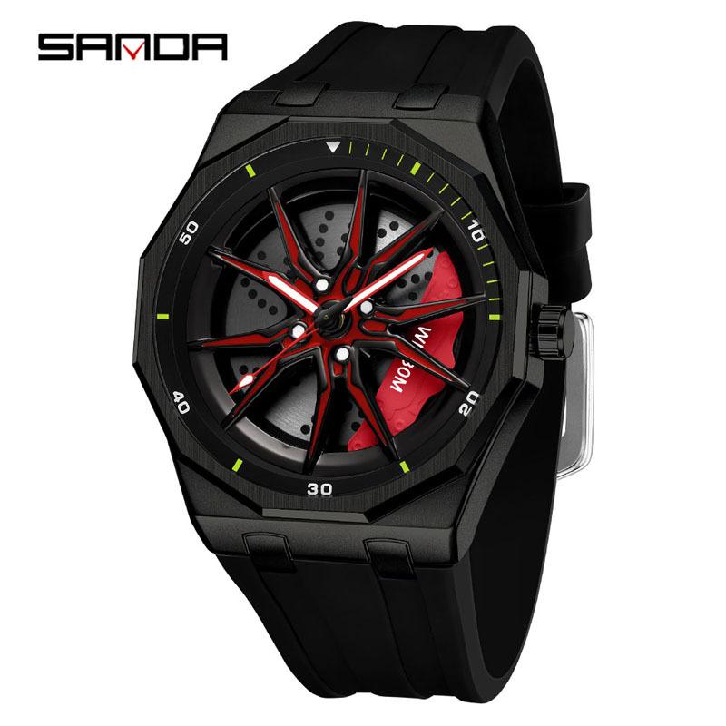 Sanda Brand Men's 360° Rotating Wheel Hubcap Design Quartz Watch Fashion Sports Silicone Waterproof For Daily Wear Hollow Watch