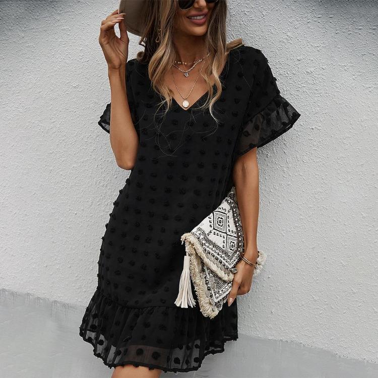 Black V Neck Sexy Short Casual Dress for Women Solid Hairball Summer Spring Holiday Style Laddies