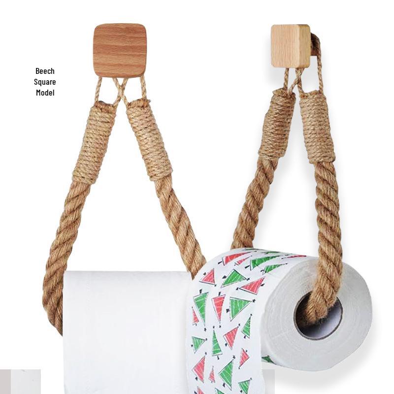 Hemp Rope Tissue Holder: Solid Wood & Cotton Woven Towel Rack, Creative No-Drill Roll Paper & Face Towel Storage Shelf
