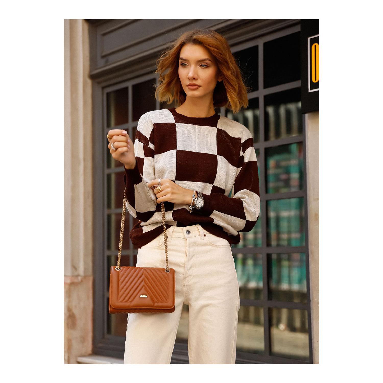 

Checked Loose Knitwear Sweater - White - Brown - Threeco MSTD коричневый