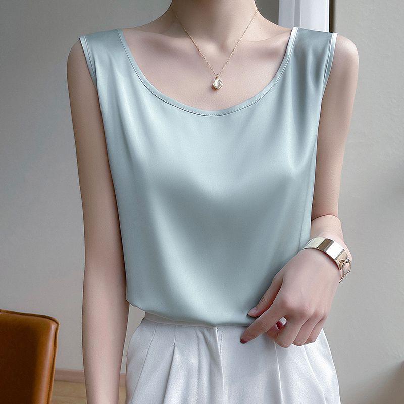 Women's Loose Silk Camisole Vest - Sleeveless Satin Round Neck Top for Summer