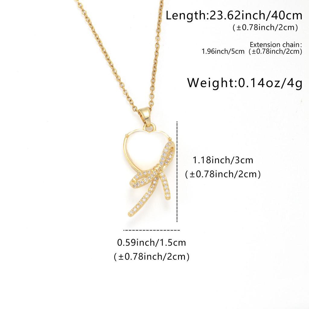 Gold-Plated Heart Bow Cat's Eye Necklace with Cubic Zirconia for Women
