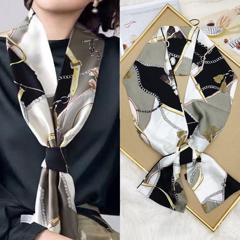 Luxury Design Print Hair Ribbon Scarf Women Neck Tie Bag Scarfs Satin Silk Skinny Headscarves Ladies Foulard Floral Bands