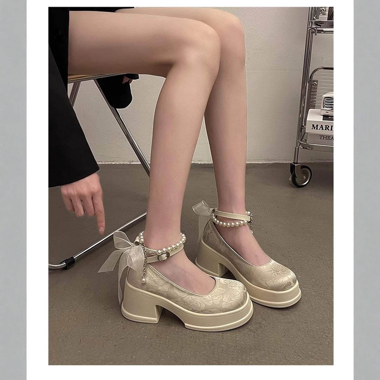 Women s French Pearl Mary Shoes Round Toe Leather Pumps 40