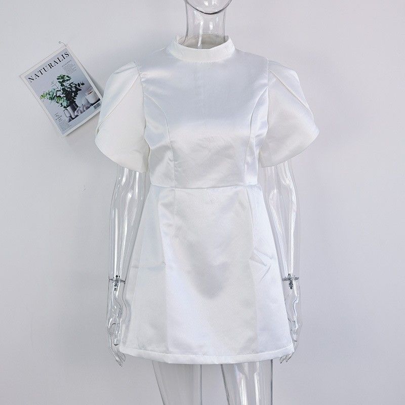 

Fashion 2025 Half Turtleneck Short Puffed Sleeves Pure Color Silm High Waist Backless Bowknot Decoration Jumpsuit Dress Dress White M