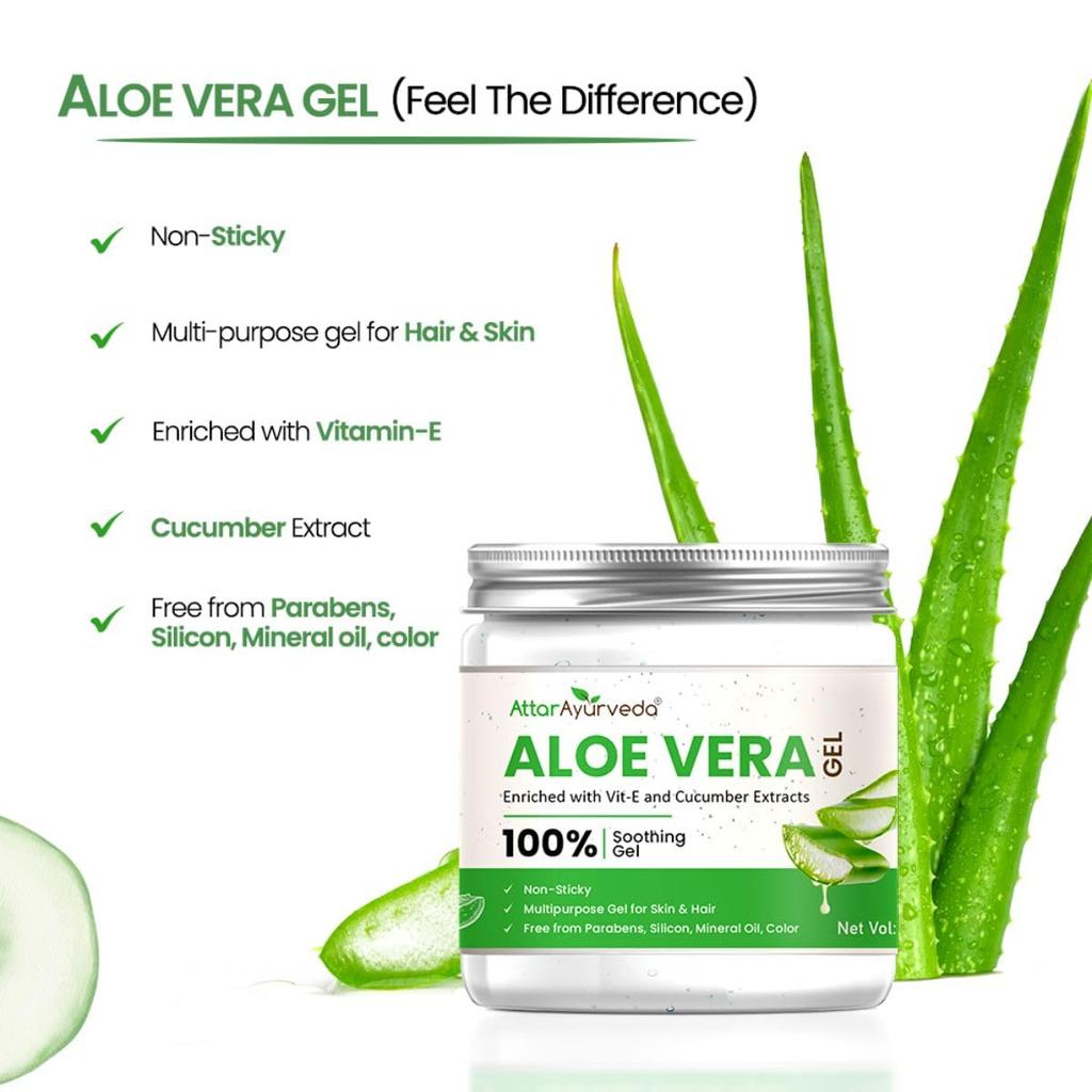 Attar Ayurveda Natural Aloe Vera Gel For Face Skin Hair 200 Ml With Vitamin E & Cucumber Extract Non Sticky Paraben Free