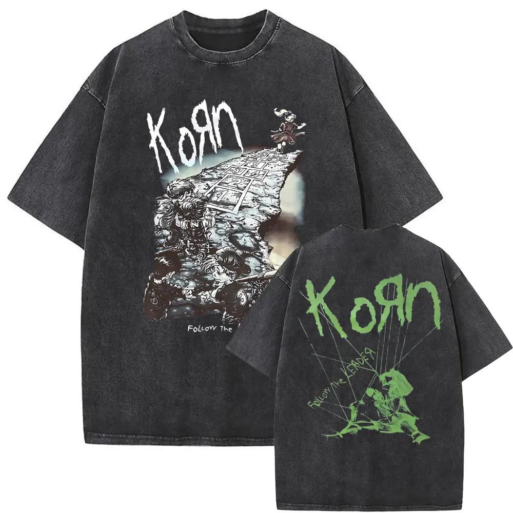 Washed Vintage Rock Band Korn Freak on A Leash Double Sided Print T Shirt Men Gothic Casual Oversized Tees Unisex Summer Tshirt