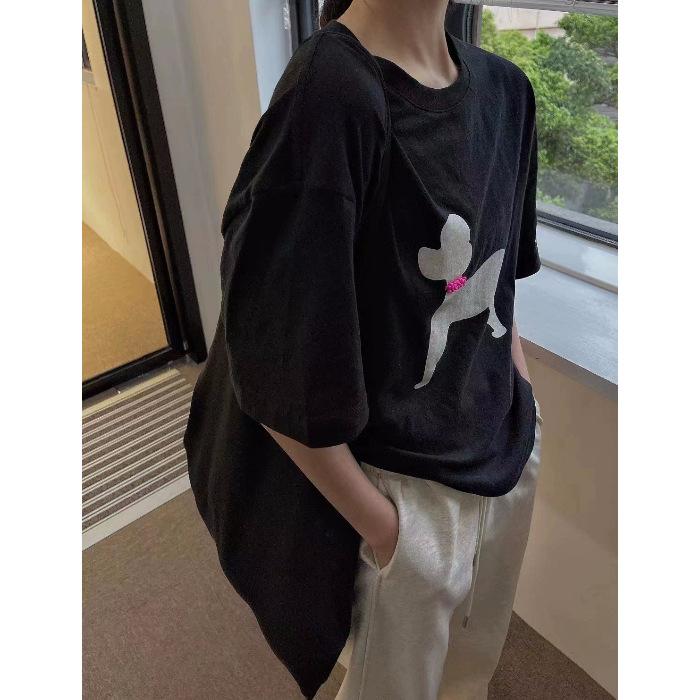 

2025 new summer cartoon puppy casual European big version loose white short-sleeved t-shirt women s medium and long trendy brand 3XL