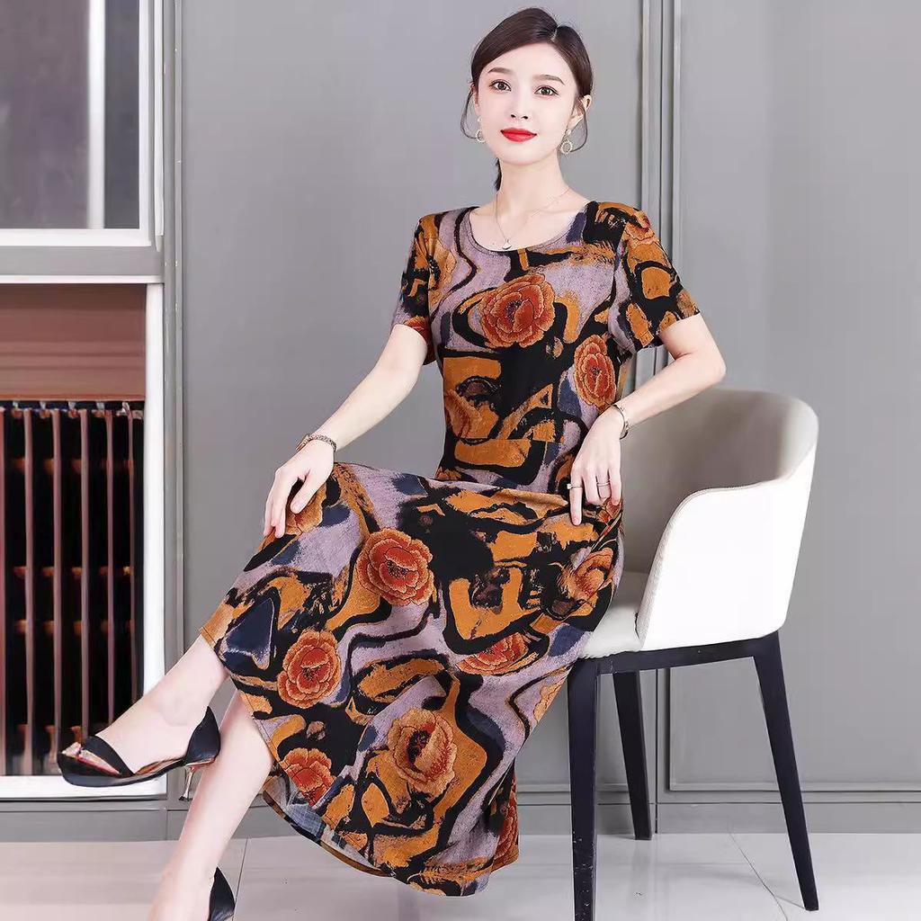 2023 Plus Size Floral Summer Cotton Dress for Middle-Aged Women