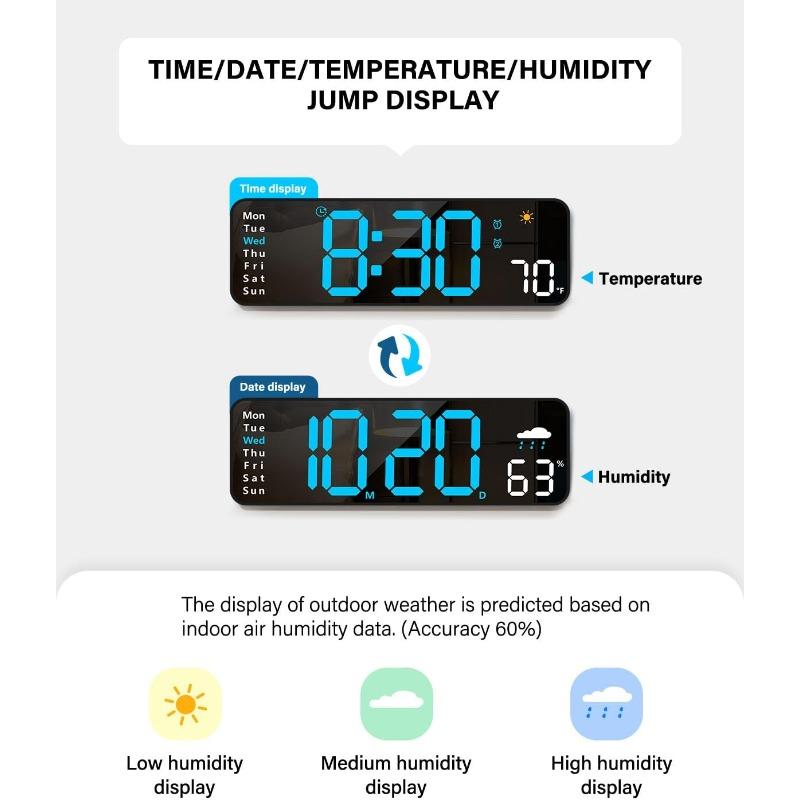 Digital wall clock large screen remote control LED alarm clock with date week temperature humidity automatic daylight saving time countdown function