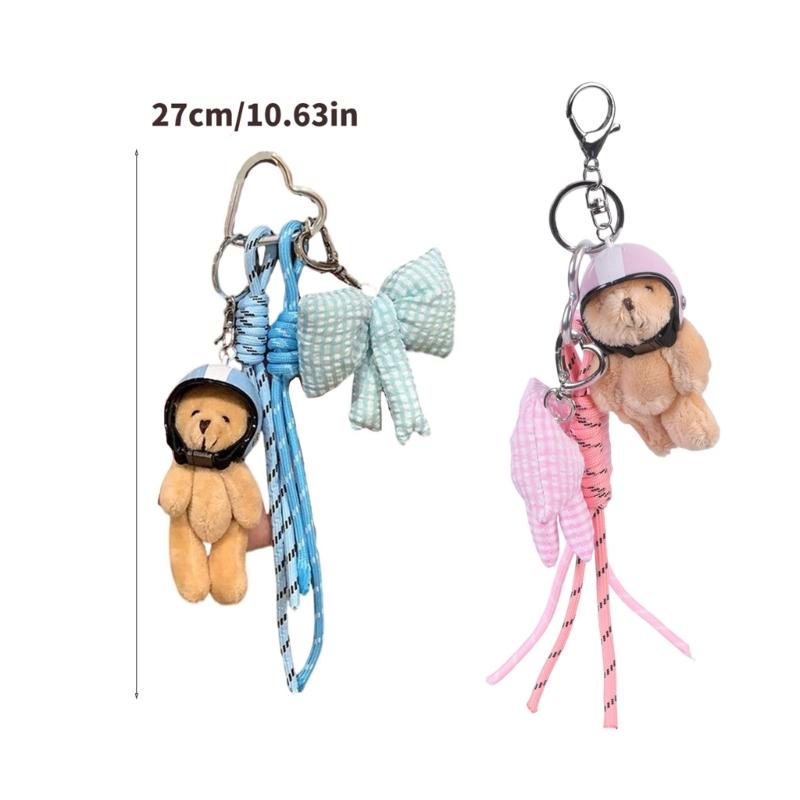Stylish Plush Helmet Bear Keychain with bowknot Keychain Perfect For Backpacks Luggage Fashionable Daily Companion