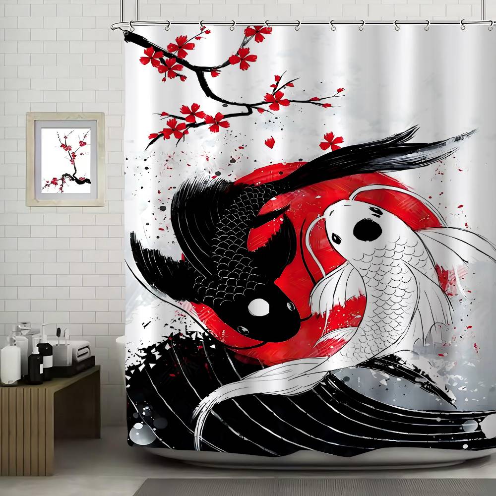 Japanese Style Koi Cherry Blossom Pattern Bathroom Shower Curtain Bathroom Partition Curtain Light Opaque Waterproof