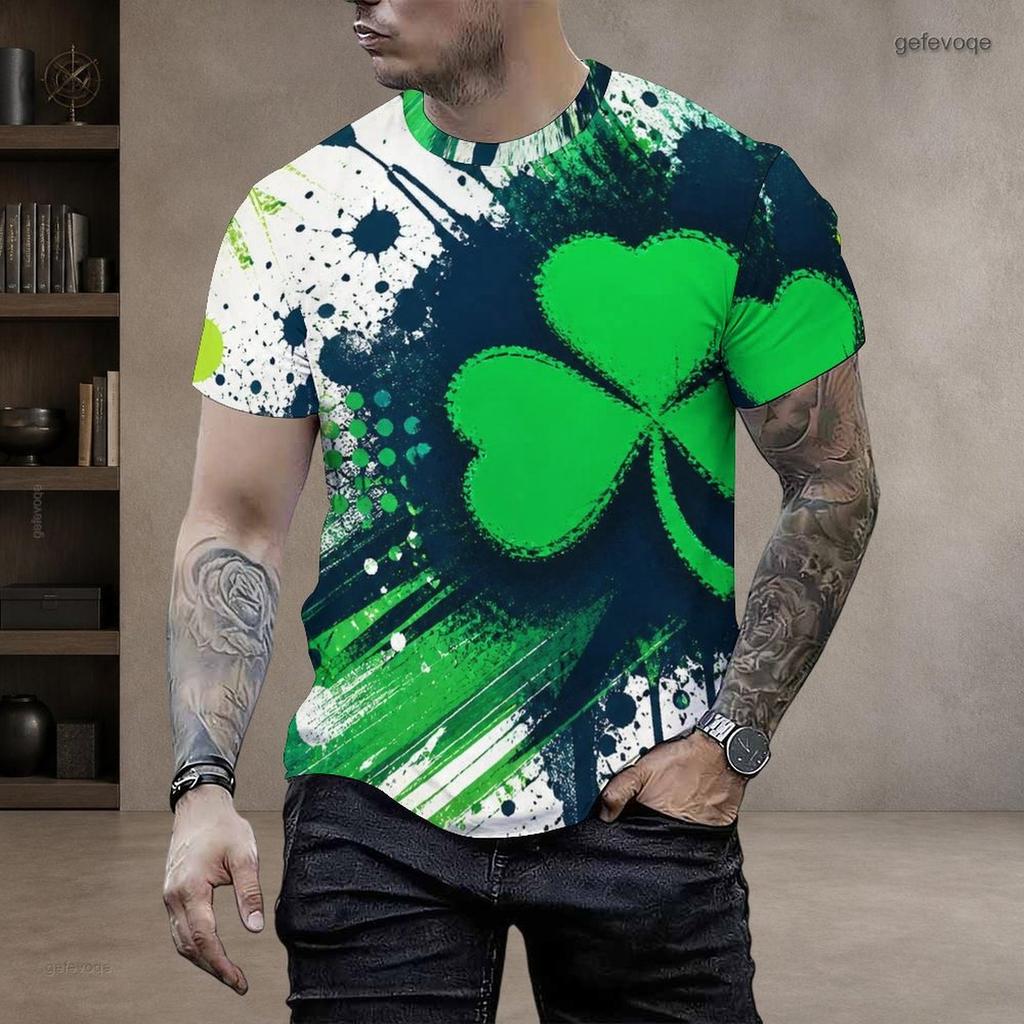 Men Plus Size Round Neck Short Sleeve Dark Green Clover Printed T Shirt