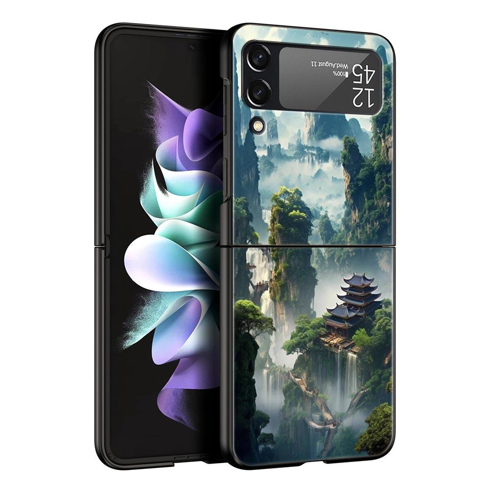 Landscape Art Phone Case For Samsung Galaxy Z Flip3 Flip4 Flip5 PC Bumper Shell For Z Flip 3 4 5 Black Hard Folding Back Cover