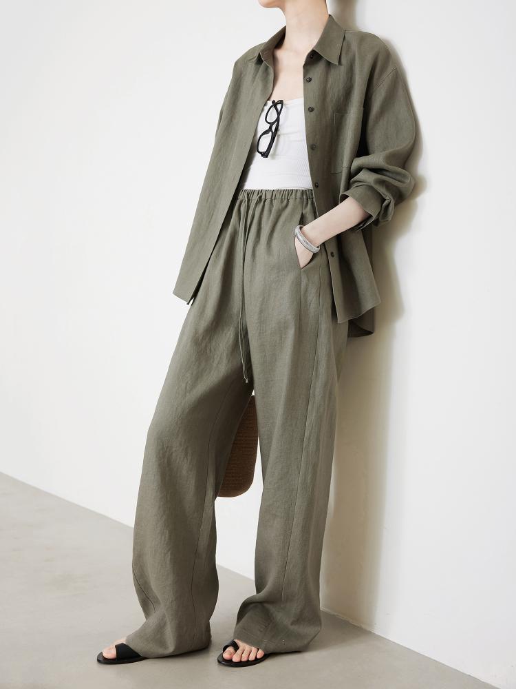 Women's White Straight-Leg Linen Pants, Elastic Waist, Spring/Summer Old Money Style, Extended Length.