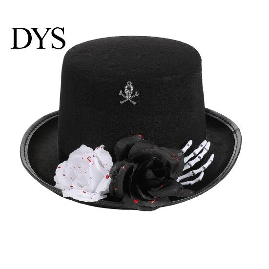 Skull Rose Costume Hat Adults Felt Top for Men Women, Steampunk Halloween Cosplay with Skeleton Makeup Party Decor Hand And Rose, Black Gothic