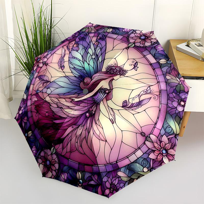 1pc Stained Glass Fairy Design Automatic Opening Folding Umbrella with 8-Rib Iron Frame - Portable Outdoor for Fans, Travelers, Daily Use, Festive Gif