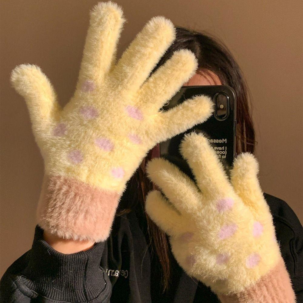 Polka Dot Five-Finger Gloves Touchscreen Warm Gloves Sweet Knitted Gloves Riding