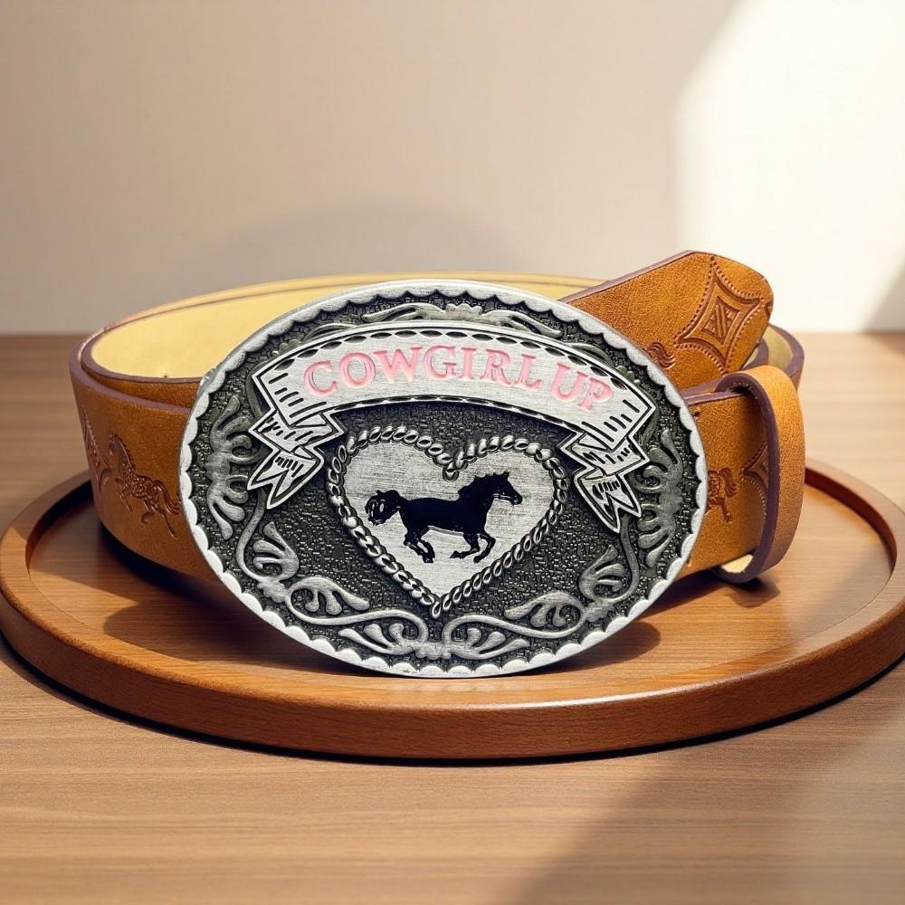 Cinturón Floral en Relieve de Marca de Moda COWGIRL UP Hebilla de Corazón Caballo Cinturilla para Mujeres Spice Girls
