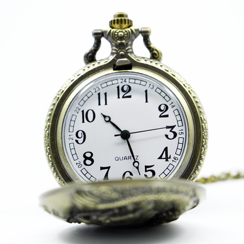 Vintage Bronze Chinese Style Dragon Design Quartz Pocket Watch With Necklace Chain Best Gift CF1039