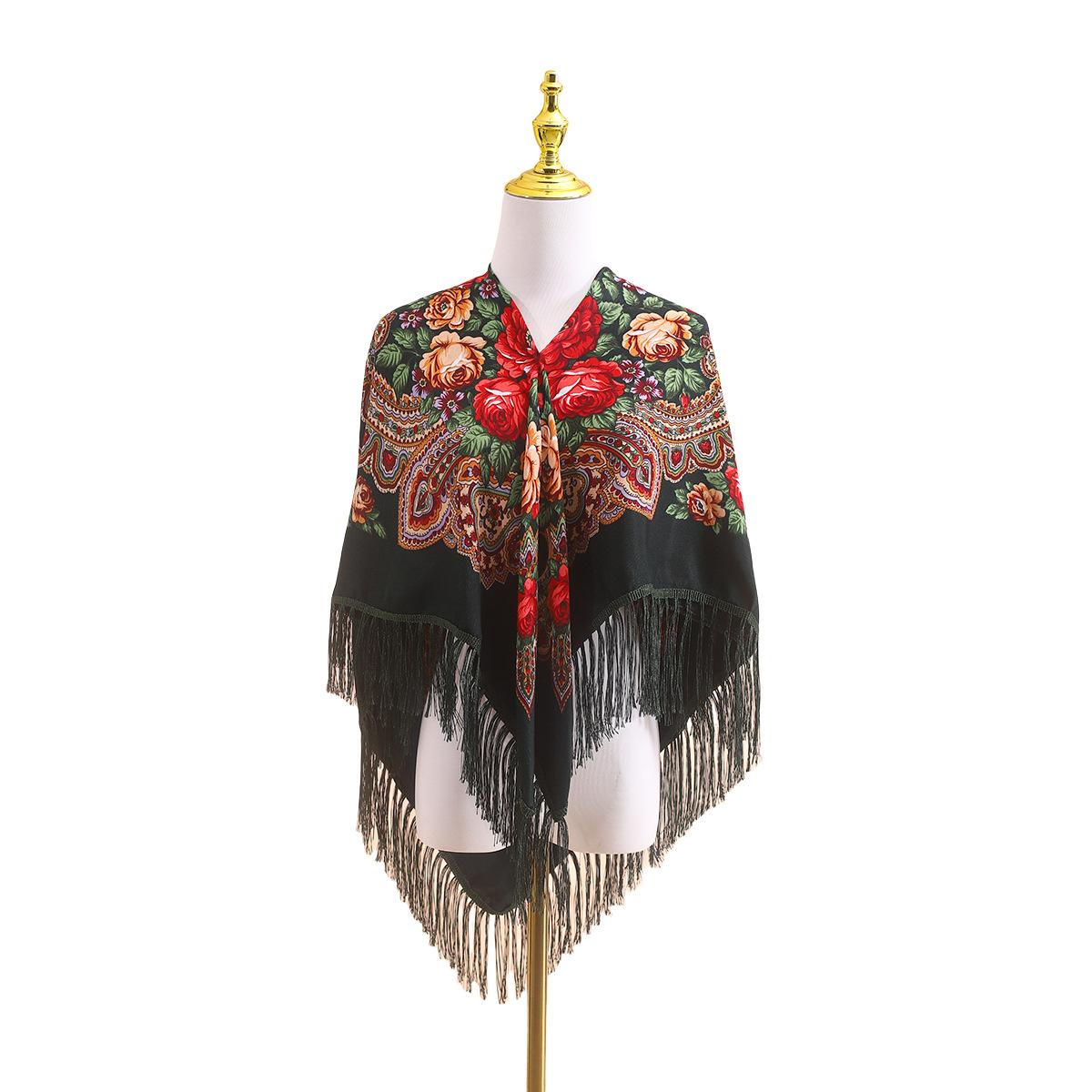Ethnic Style Square Scarf 135cm With Tassel Shawl, Warm And Dustproof Versatile Scarf