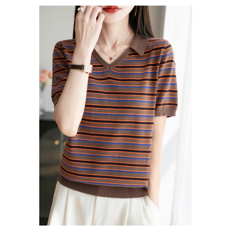 

Женская летняя футболка из чистого хлопка в полоску с V-образным вырезом и короткими рукавами, новая модная и универсальная, с маленьким лацканом, атмосферный свободный и удобный топ XXL