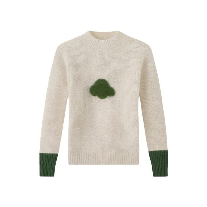 White Cloud Print Loose Sweater for Women Autumn Winter Round Neck Pullover Fashionable Elegant Top