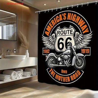 Route 66 Motorcycle Shower Curtain Retro American Highway Design With Chrome Bike And Wings Shower Curtain With Hook