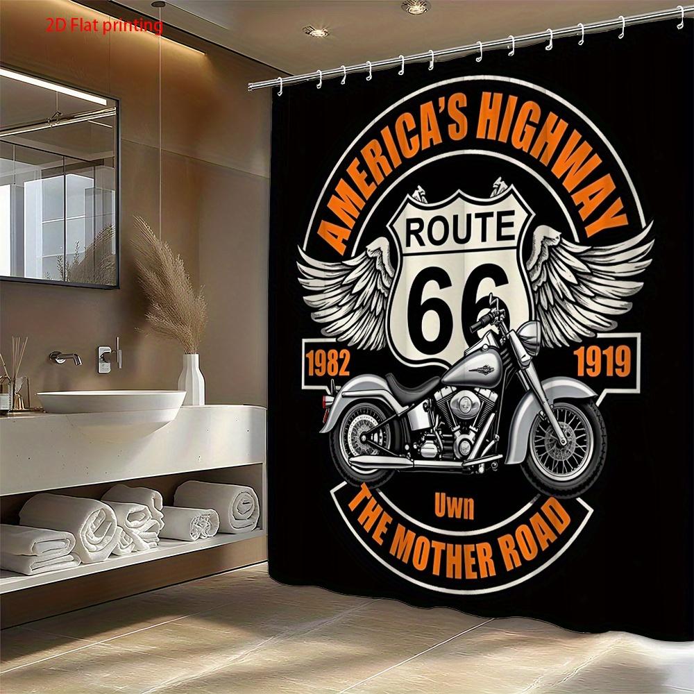 Route 66 Motorcycle Shower Curtain Retro American Highway Design With Chrome Bike And Wings Shower Curtain With Hook