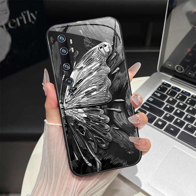 Tempered Glass Hard Phone Case For Xiaomi Mi Note 10 CC9 CC9E 9T 9 SE Lite A3 Redmi K20 Pro Luxury Butterfly Shockproof Cover