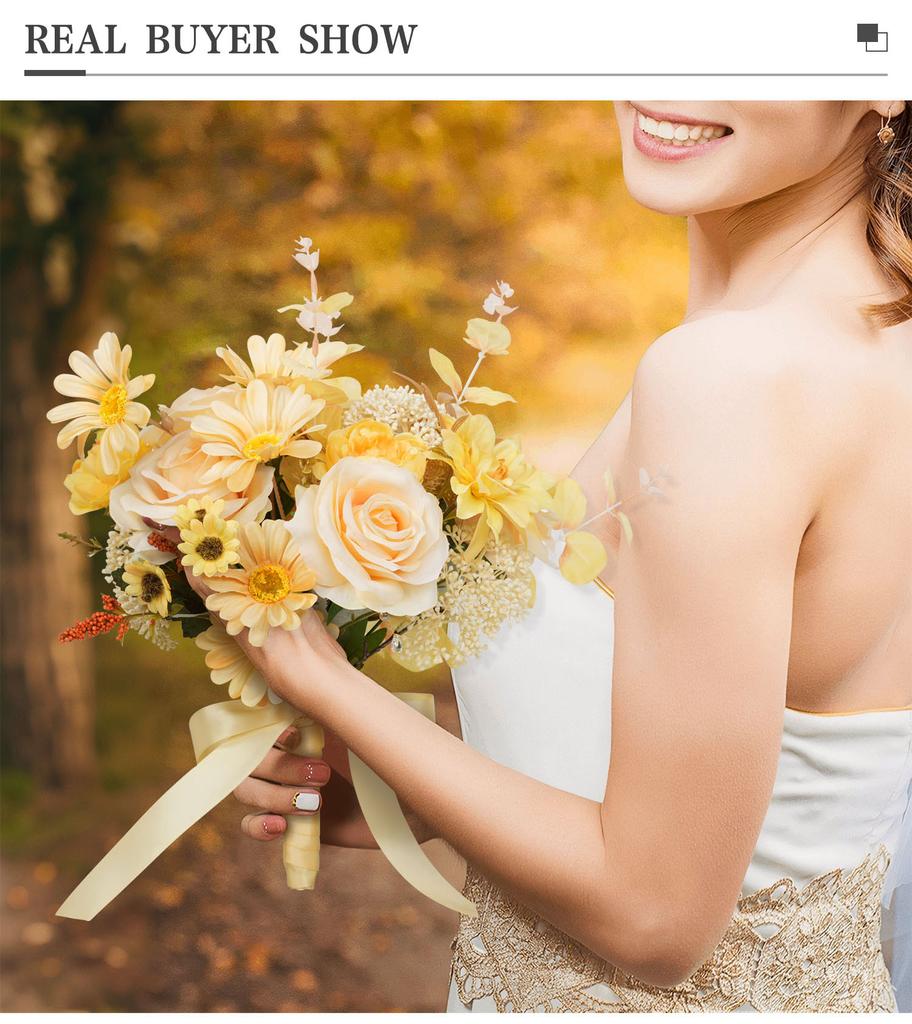 8PCS Yellow Artificial Wedding Flowers Set Bridal Bouquet Boutonnieres Corsage for Wedding Ceremony Anniversary Prom Decor
