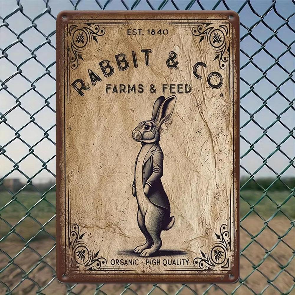 1 szt. Blaszana grafika, Metalowy znak z Zajączkiem Wielkanocnym - "Rabbit & Co". Farms & Feed" | Rustykalna metaloplastyka ścienna na zewnątrz, dekoracja ogrodowa