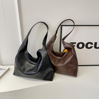 Retro Effen Kleur Tote Tas, Minimalistische Schoudertas, Zacht Leer PU Onderarmtas Voor Vrouwen