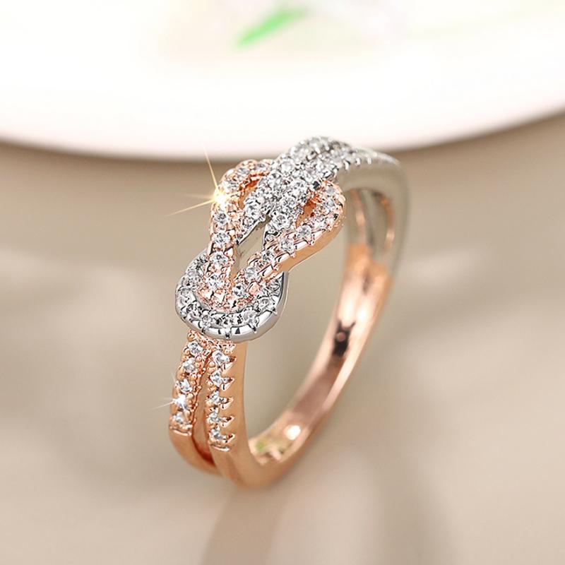 Huitan Knot Design Two-tone Ring for Women Wedding Party Exquisite Inlaid Shiny CZ Daily Female Finger Accessories Fancy Jewelry