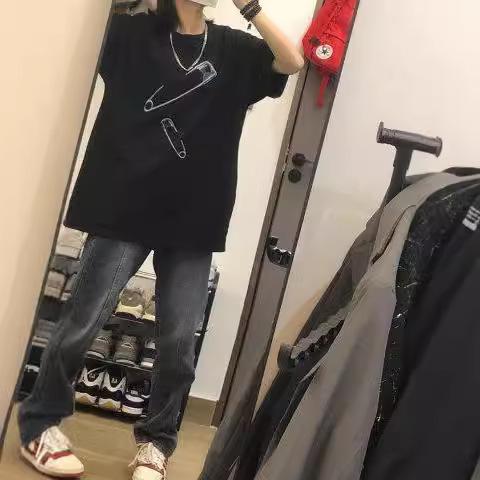 Design sense paperclip printing short-sleeved T-shirt women's ins trendy brand summer loose and versatile oversize top trendy men