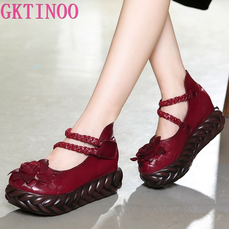Fashion GKTINOO Women Leather High Heels Wedge Shoes Flower 2025 Autumn Pumps Women Genuine Leather Handmade Mary Jane Pumps Platform