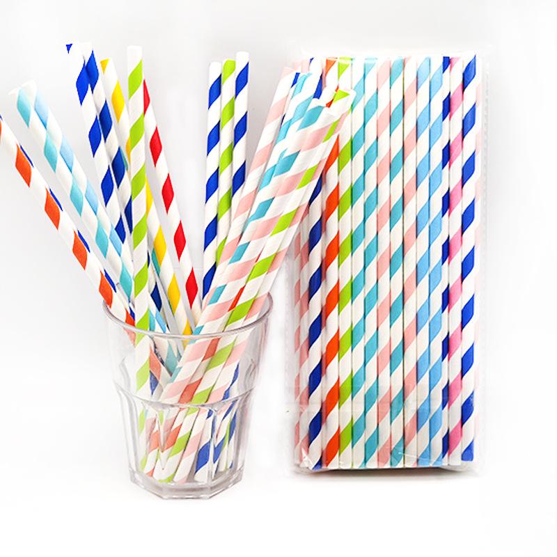 Pack of 50 Biodegradable Colorful Striped Paper Straws for Juice, Tea, and Milk
